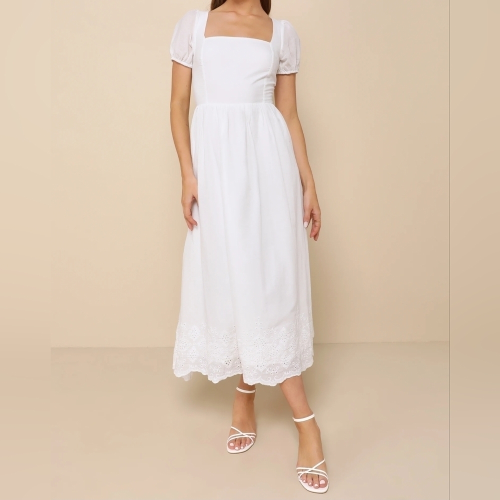 Lulus Stylish Merriment White Puff Sleeve Embroidered Midi Dress - Picture 8 of 12